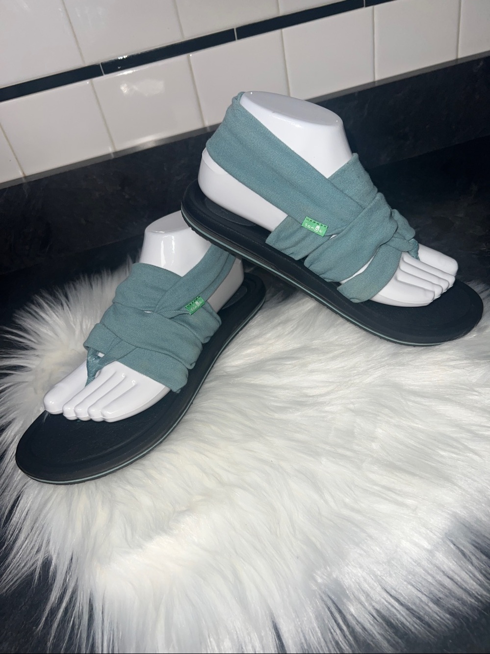 Sanuk Teal Fabric Wrap Slide Sandals with Black Footbed